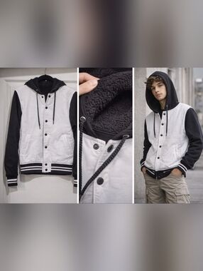 Classic black and white varsity jacket with a hooded design.